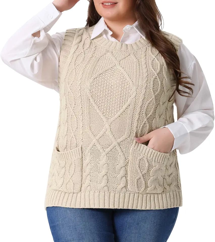 Agnes Orinda Plus Size Sweater Vest for Women Knitted Crew Neck Sleeveless Pocket Pullober Sweater Tops
