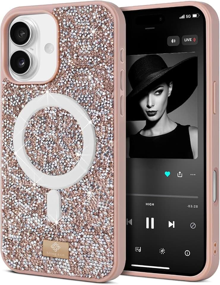BEZ Handyhülle für iPhone 17 Hülle Glitzer, Kompatibel mit MagSafe, Sparkle Diamond Crystal Bling Handyhülle mit Bling & Co. Serie, Magnetisch Hülle für iPhone 17, Toskanisches Beige