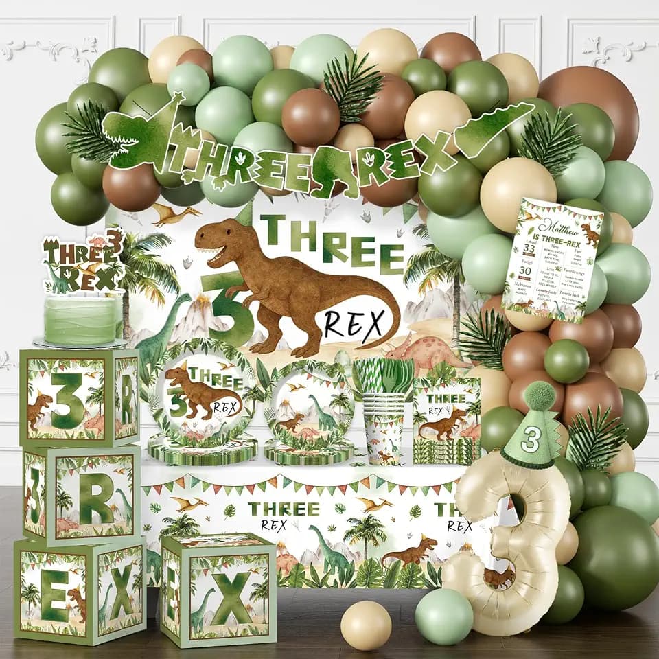 cocomigo 267pcs Three Rex Birthday Decorations Boy Party Se, for 25 Guests