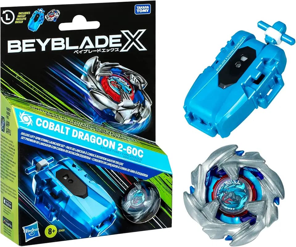 Beyblade X Cobalt Dragoon 2-60C Deluxe Left-Spin String Launcher Set with Attack Type Top Left-Spinning Top Toy; Great Gift for 8 Year Old Boys and Girls