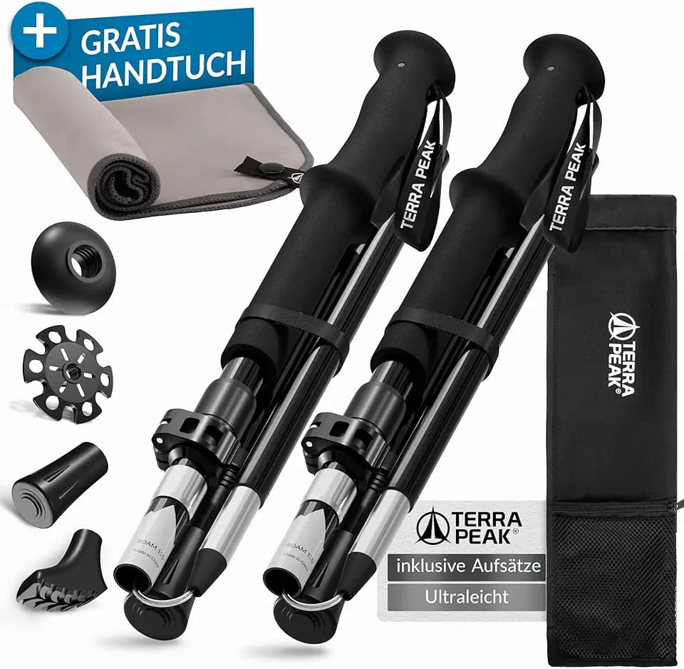 Terra Peak® Premium Wanderstöcke faltbar, ausziehbar & Ultra-leicht - GRATIS Mikrofaser-Handtuch - Damen & Herren Trekkingstöcke & Nordic Walking Stöcke klappbar - Wanderstock mit Gummipuffer