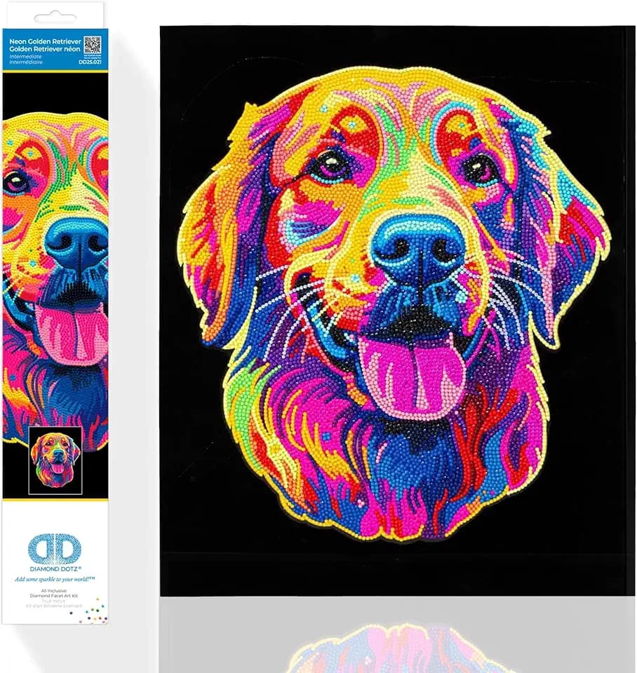 DIAMOND DOTZ 2594367 Original 5D Diamond Painting Set, Neon Golden Retriever, mit Neonfarben und Samt, DIY Diamant Malerei Bilder für Erwachsene und Kinder ab 12 Jahren, Intermediate
