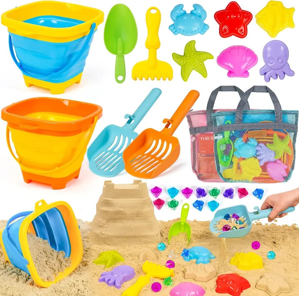 Beach Sand Toy for Kids 3-10 with Collapsible Bucket Toddler Shell Mesh Bag