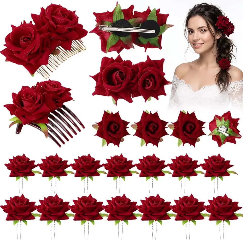 WILLBOND 20 Pcs Mexican Hair Rose Accessories for Women,Stylish,Wine Red
