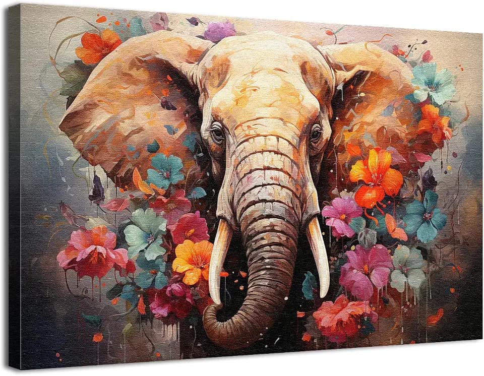 sunfrower Vintage Elephant Wall Art Colorful Wildflower Wildlife Canvas Print Watercolor Safari Animal Wall Decor for Bedroom Nursery Bathroom Living Room Rustic Home Decoration 12x16