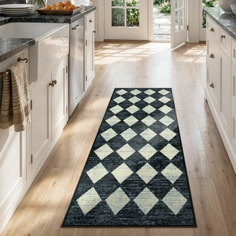 Lahome Zelie Washable Black and White Kitchen Runner Rug, 2x5 Soft Non Slip Laundry Room Bathroom Runner Rugs, Moroccan Trellis Low Pile Carpet Runners for Entryway Bedside