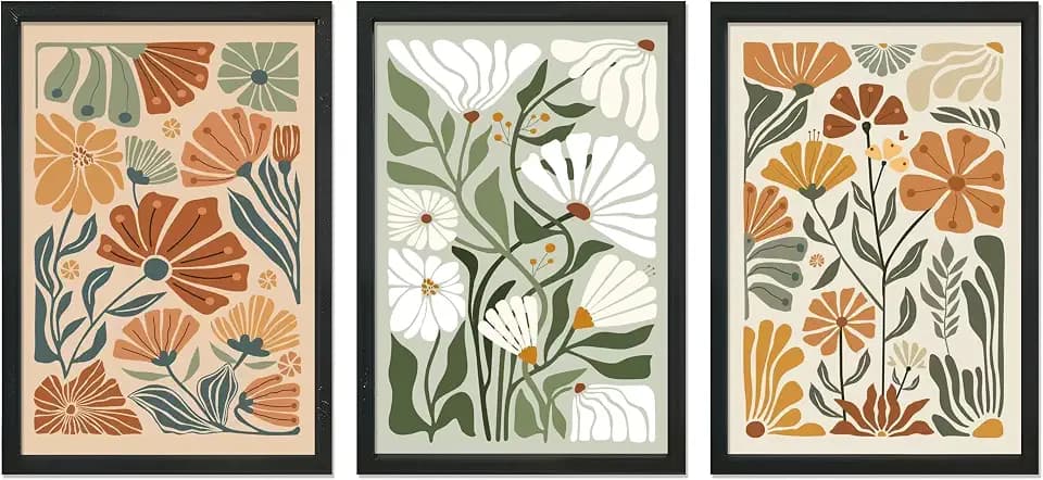 Boho Wildflower Wall Art 3pc, 16x24 Framed Abstract Floral Botanical Prints