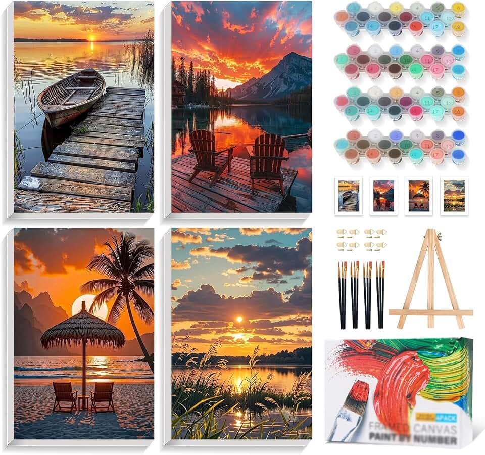 4 Pack Framed Paint by Numbers Kit for Adults with Wooden Easel, Sunset