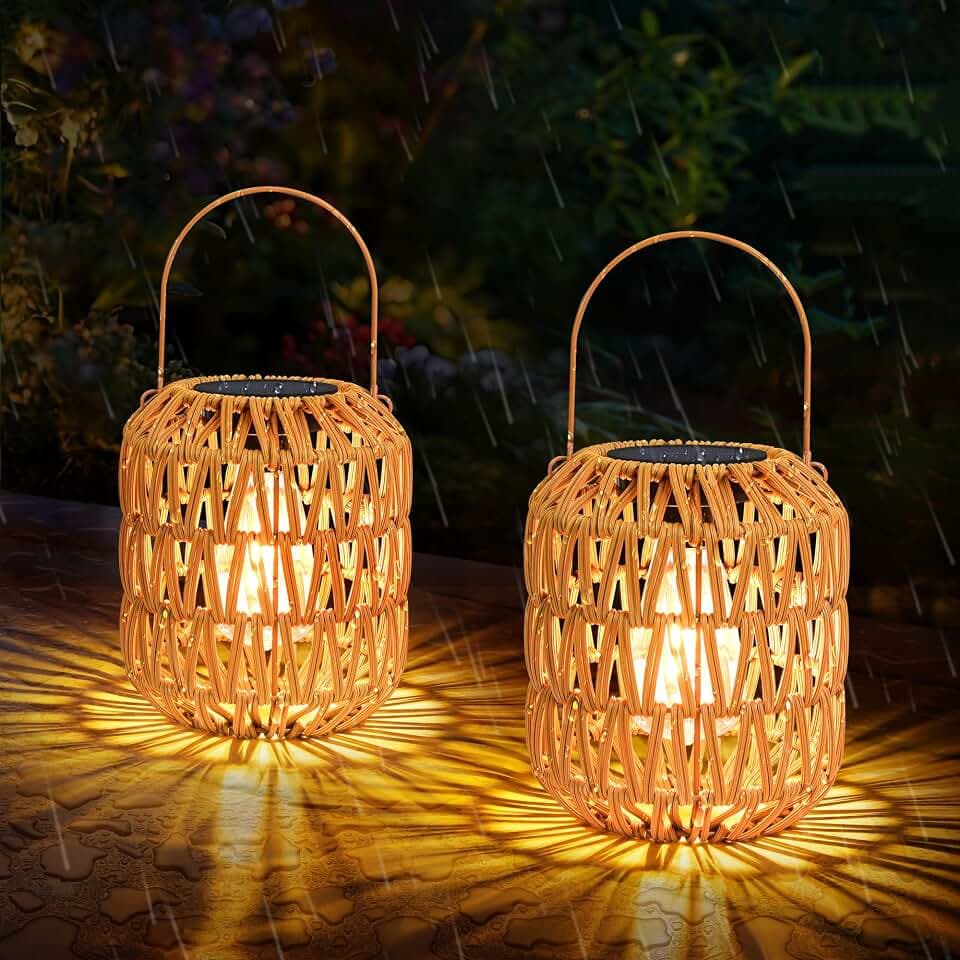 Rattan Solar Lanterns Outdoor Waterproof: 2 Pack Hanging Solar Lights for Outside Yard, Solar Powered Lantern Decorative Birthday Gifts for Women, Solar Garden Lights Decor for Patio, Pathway, Porch