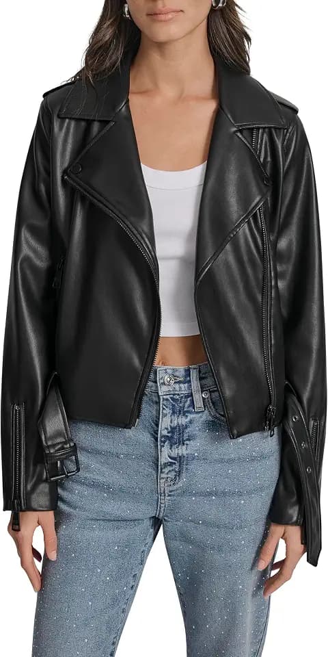 DKNY Women's Long Sleeve Faux Leather Jacket