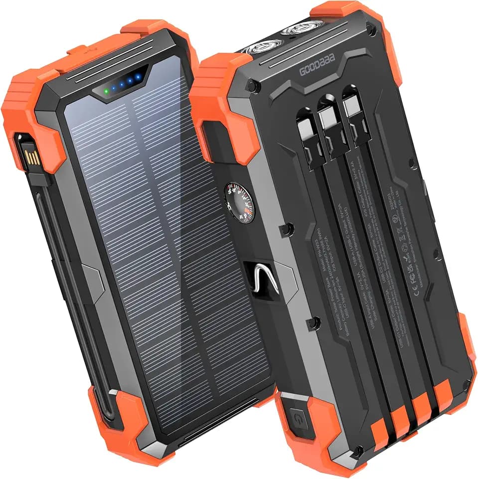 GOODaaa Solar Power Bank 24000mAh, Portable Charger with 4 Built-in Cables