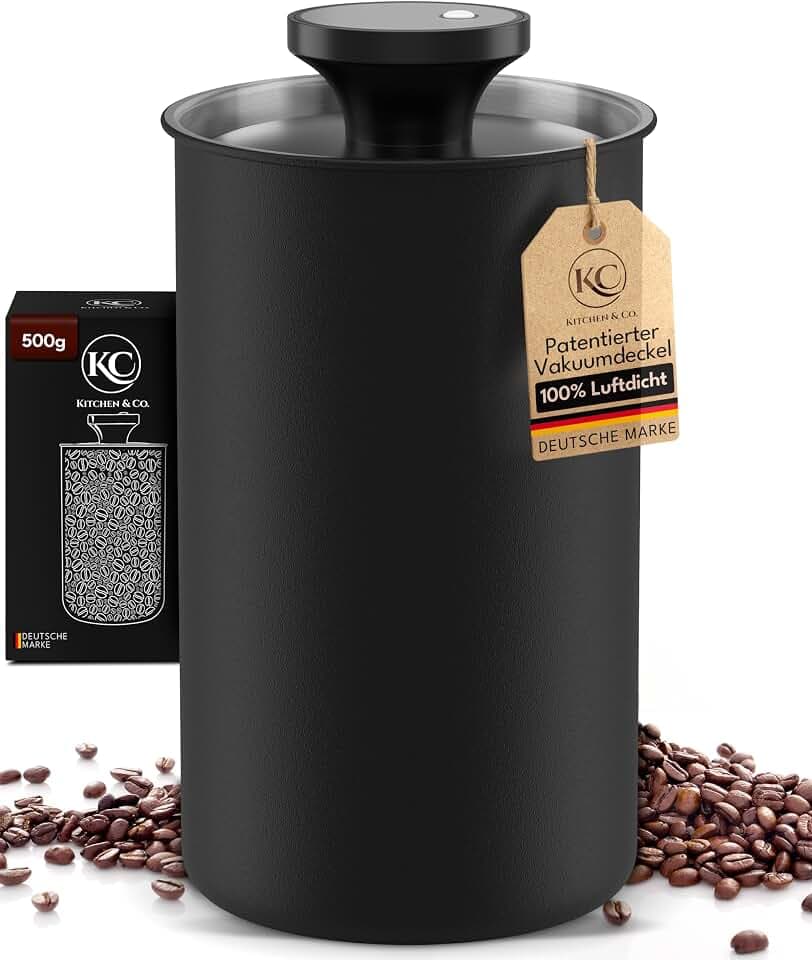 KC Kitchen & Co. Kaffeedose luftdicht für 500 Gramm Kaffeebohnen – Edelstahl Vorratsdose mit Vakuumdeckel & Aromaverschluss – Aufbewahrungsdose für Kaffee, Tee, Zucker, Müsli Schwarz Matt (1700ml)