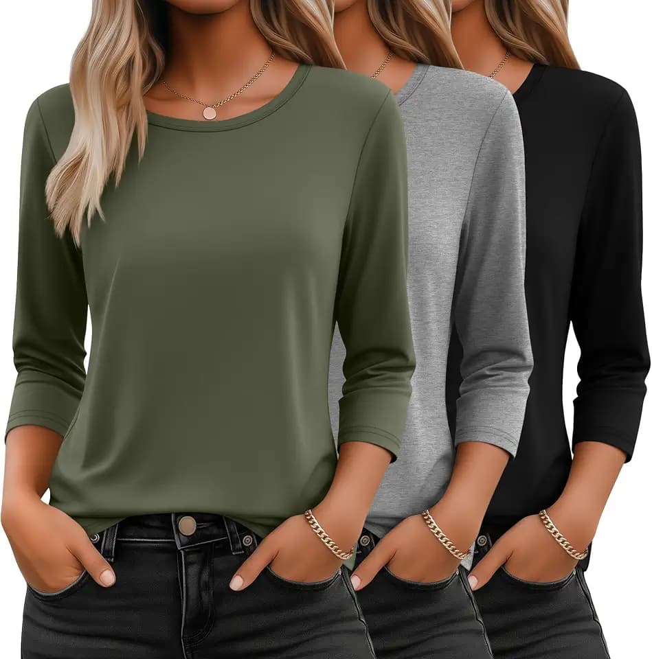 Ficerd 3 Pack 3/4 Sleeve Tops for Women Basics Crewneck T Shirts