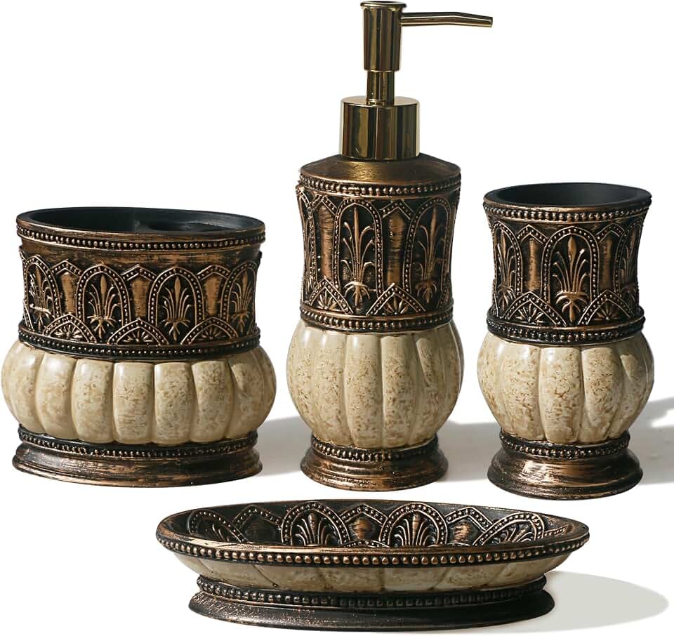 Pumkins Bathroom Accessories Set,Retro Style Including 1 Cups, 1 Toothbrush Holders, 1 Soap Dishes and 1 Soap Dispenser, Home and Countertop Decoration, Vanity Organize, New Home Gift