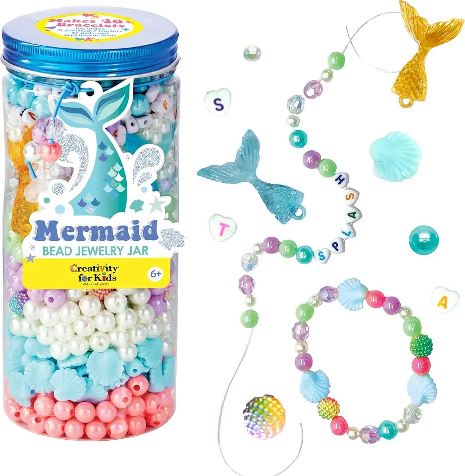 Creativity for Kids Mermaid Bead Jewelry Jar: Create 40+ Friendship Bracelets for Girls, DIY Girls Beads Jewelry Making Kit, Summer Activities for Kids & Mermaid Gifts (Ages 6+)