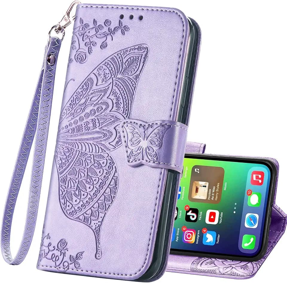 for iPhone 15 Wallet Case,PU Leather Flip Protective Phone Case Wrist Strap Credit Card Holder Pocket Emboss Butterfly Flower Kickstand Case for iPhone 15 Light Purple