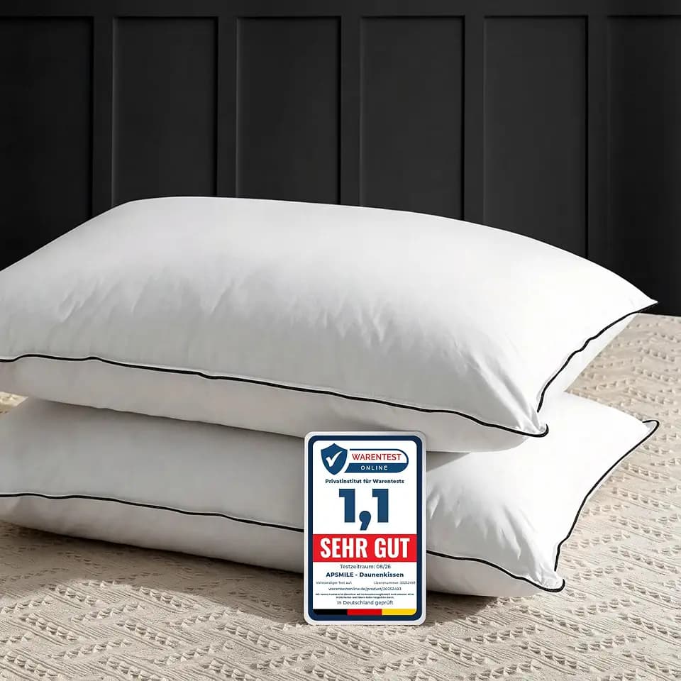 APSMILE Daunenkissen 40x80 Federkissen mit 3 Kammer Füllung - Luxus Daunenkissen zum Schlafen, Kopfkissen 40x80 Daunen Kissen 100% Bio-Baumwollbezug, weich & stützend (Weiß,2er Stück)