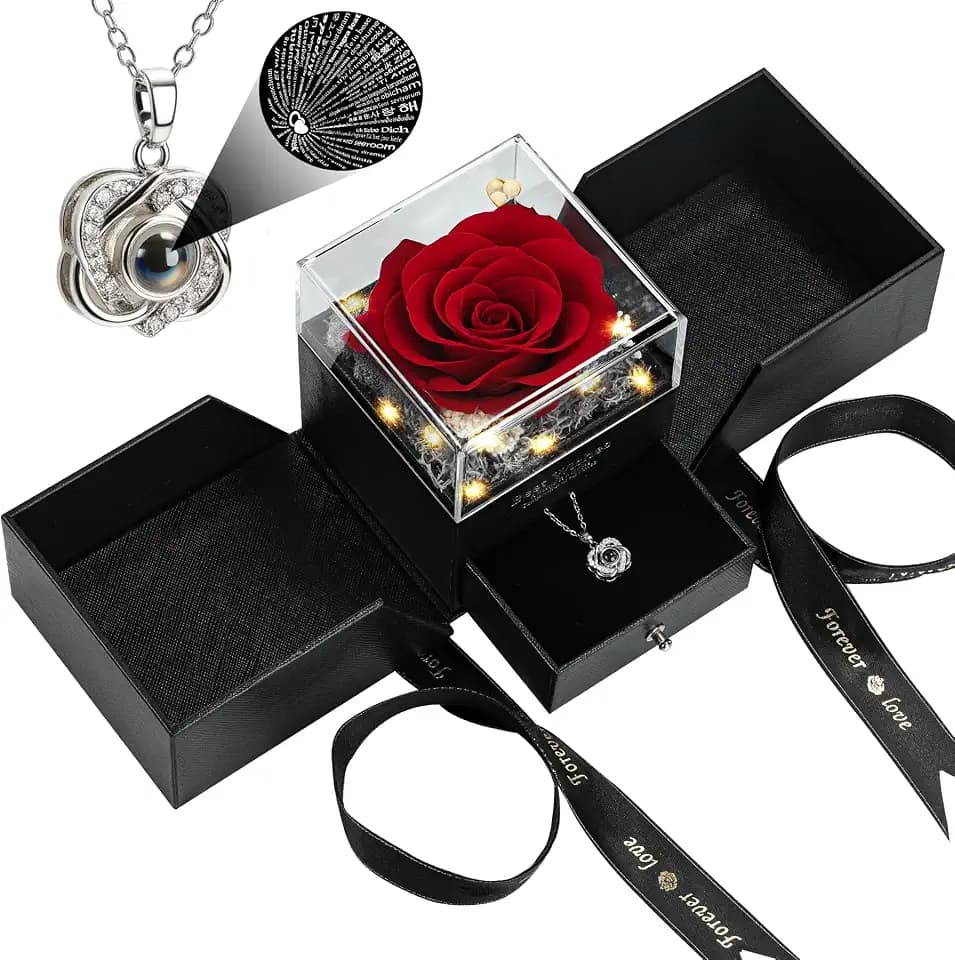 woxafo Preserved Real Red Rose with I Love You Heart Necklace 100 Languages - Eternal Flowers Rose Birthday Gifts for Women, Wife, Mom, Girlfriend - Valentine's Mother's Day Christmas Gift