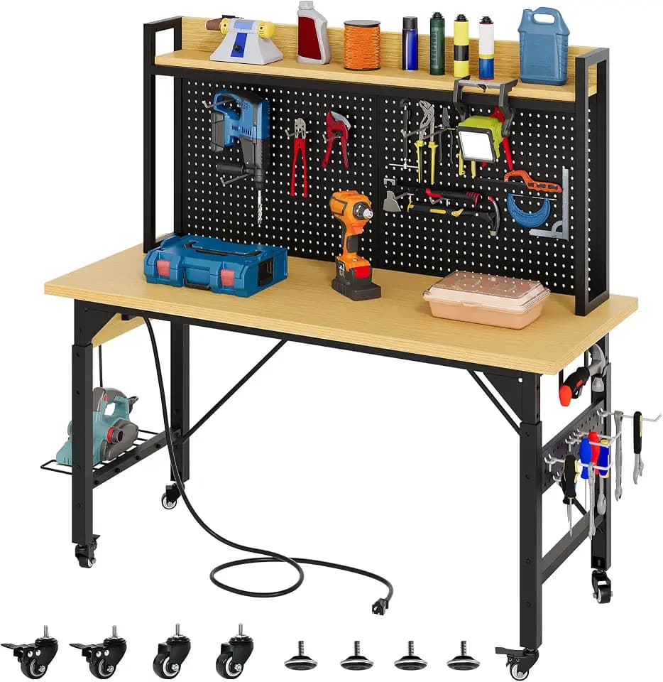 YITAHOME 48in Adjustable Workbench with Pegboard & Wheels & Outlets