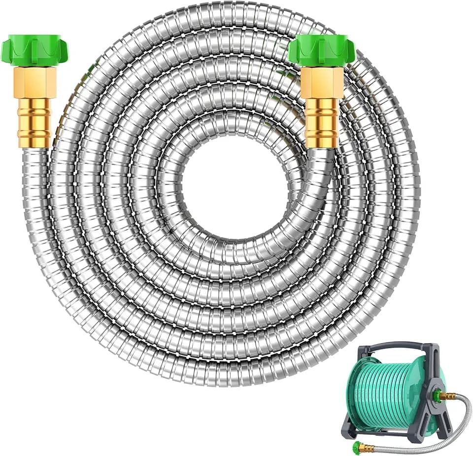 Short Metal Garden Hose 10ft with Female to Female Connector， Stainless Steel Small Leader Hose for Hose Reel, Long, Flexible, Lightweight & Heavy Duty Water Pipe, Outdoor Water Hose Extension Adapter