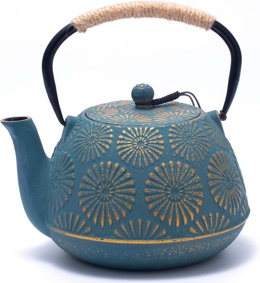 Gusseisen-Teekanne, Teekessel für Herdplatten mit Infuser, große Kapazität 1200ml Sakura-Design Japanische Teekanne für losen Tee mit emailliertem Innenbeschichtung, 40oz Grün