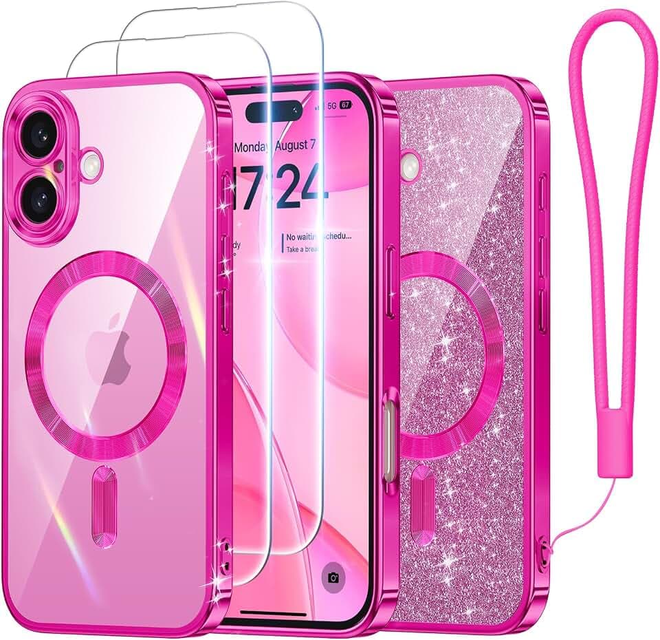 Meifigno Hülle Entwickelt für iPhone 16, [Kompatibel mit MagSafe][2 Displayschutzfolien] [Glitzerkarte & Handschlaufe] Vollständiger Kameraschutz Entwickelt für 6,1 Zoll Handyhülle, Heiß Rosa