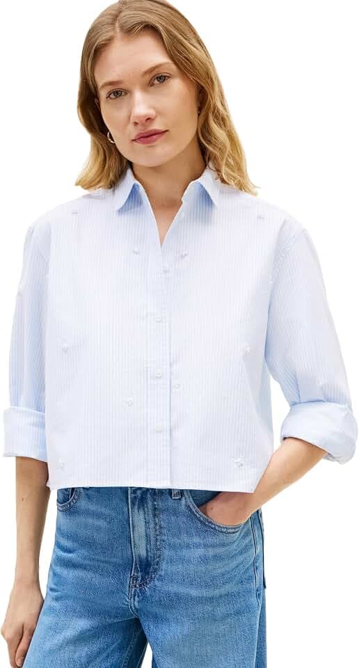 Tommy Hilfiger Women's Poplin Cropped Long Sleeve Button Down Shirt with Pearl Embellishment