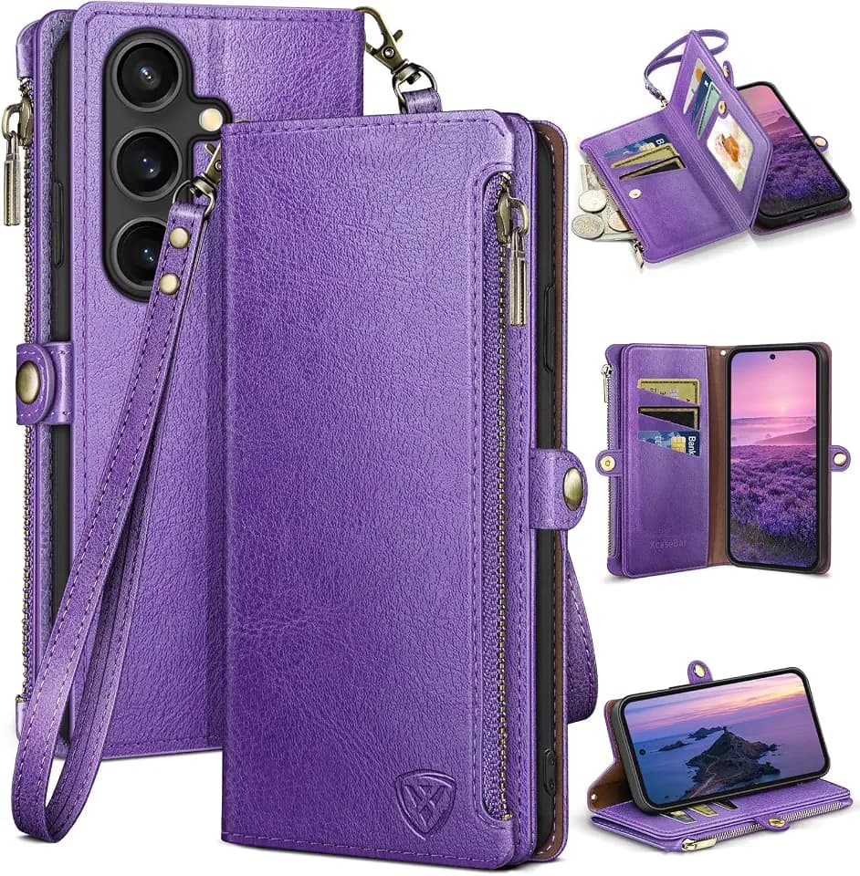 XcaseBar Compatible with Samsung Galaxy S25 Plus Wallet case with Zipper Credit Card Holder【RFID Blocking】,Flip Folio Book PU Leather Phone case Shockproof Cover Women Men for S25 Plus case Purple