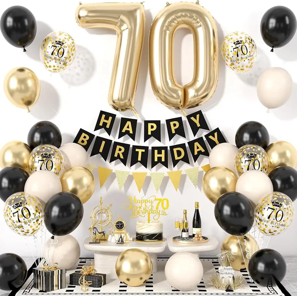 70th Birthday Decorations Black Gold, Birthday Balloons Set