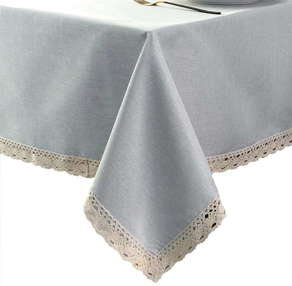 EHouseHome Faux Linen Tablecloth with Lace Trim - Waterproof/Spill Proof/Stain Resistant/Wrinkle Free/Oil Proof - for Banquet, Parties,Dinner,Kitchen,Wedding,Holiday,Silver Grey Rectangle 60x84Inch