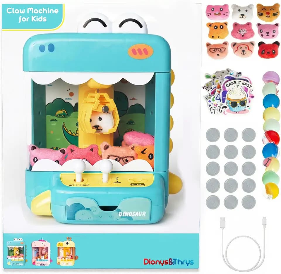 Claw Machine for Kids with 10 Plush Toys, 10 Surprise Eggs & 50 Stickers - Mini Arcade Claw Game with Silent Mode, LED Lights, USB or Battery Powered - Gift for Girls & Boys Ages 3-12 (Dinosaur)