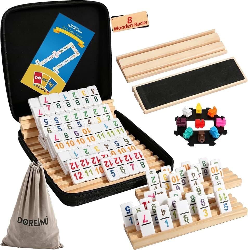 Doreimi Mexican Train Dominoes Double 12, 91 Number Tiles, 8 Wooden Holders