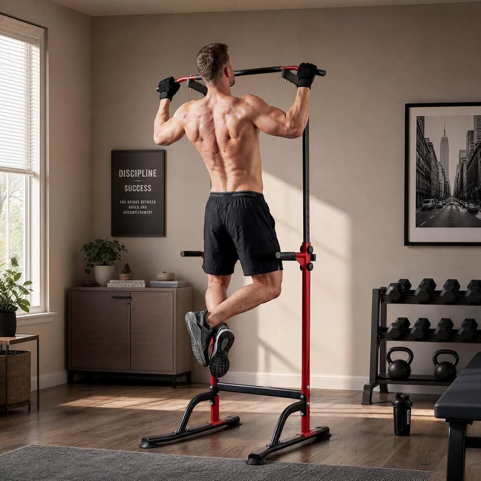 Power Tower Workout Station for Home Gym, Adjustable Pull Up Bar with Dip Bars, Heavy Duty Dip Station for Chin Ups, Knee Raises, Push Ups and Leg Lifts, 10 Height Levels, 330 Lb Capacity