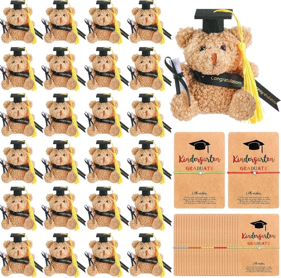 50 Pcs 2026 Kindergarten Graduation Bear Bulk Set with 25 Graduation Gift Mini Stuffed Bears 25 Wish Bracelet Organza Bag Card for Kid Child Kindergarten Class of 2026 Party Favors(Black)