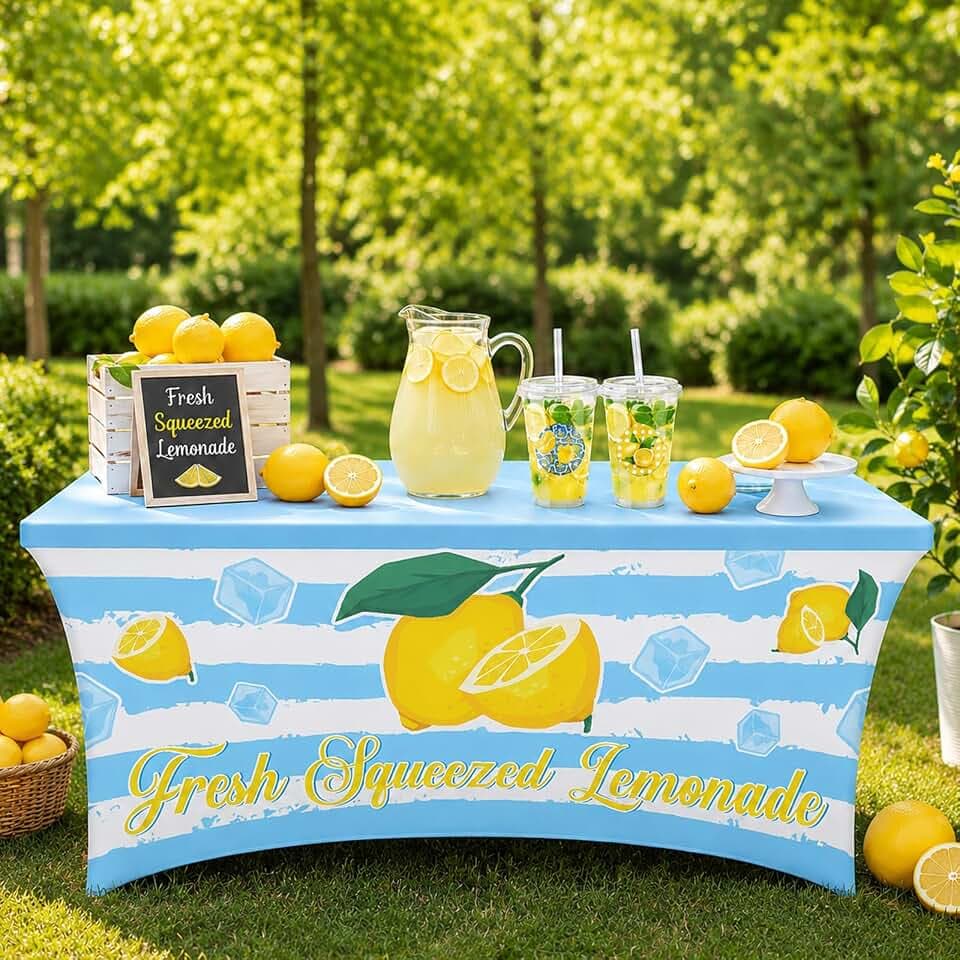 6FT Lemonade Spandex Tablecloth Blue Lemon Stretch Spandex Table Cover