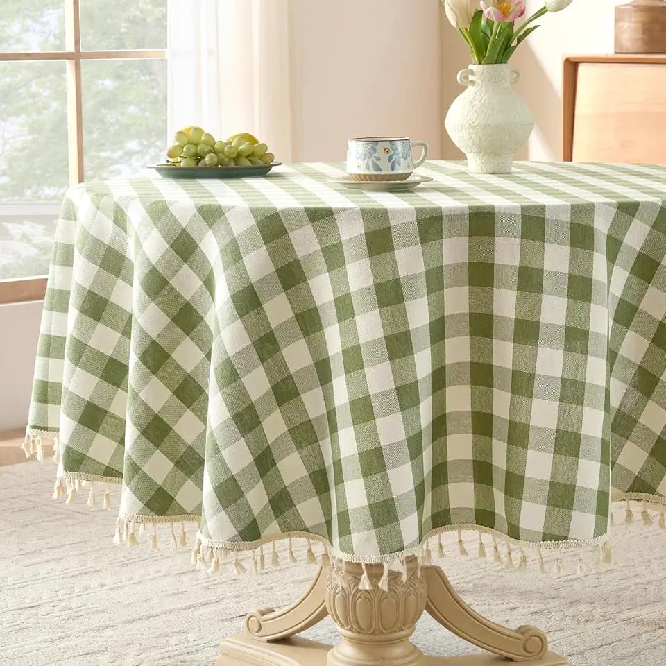 Softalker Gingham Round Tablecloth with Tassel, Sage Green, 70" x 70"