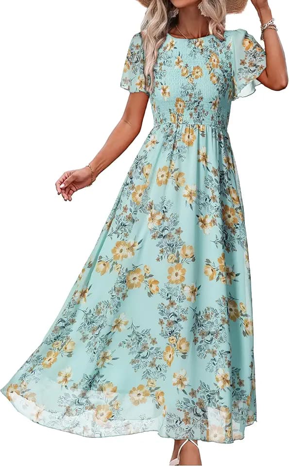Simplee Womens Casual Floral Summer Maxi Dress 2026 Boho Flowy Short Sleeve Crew Neck Vacation Smocked Chiffon Dresses