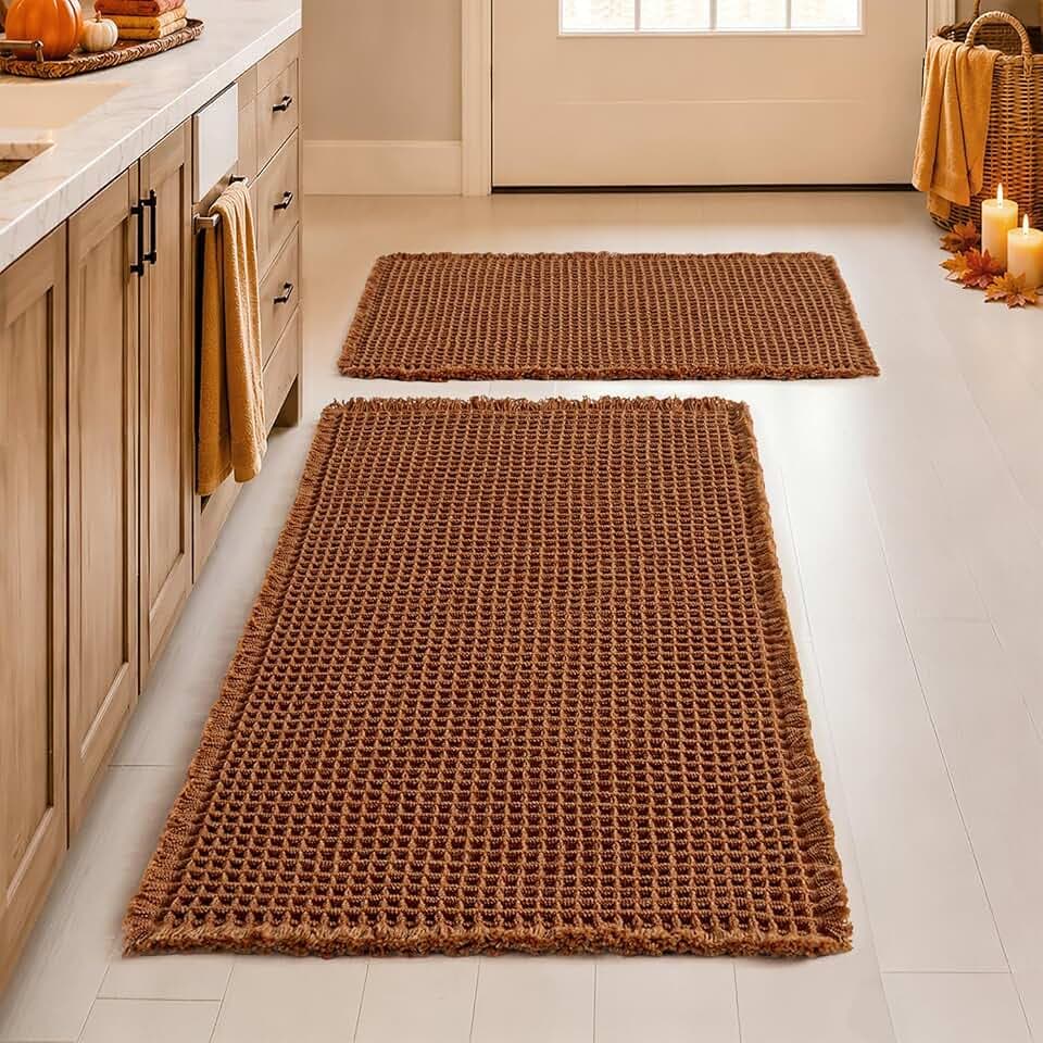 MIULEE Fall Terracotta Set of 2 Waffle Bathroom Rugs 17"x24"+18"x30"