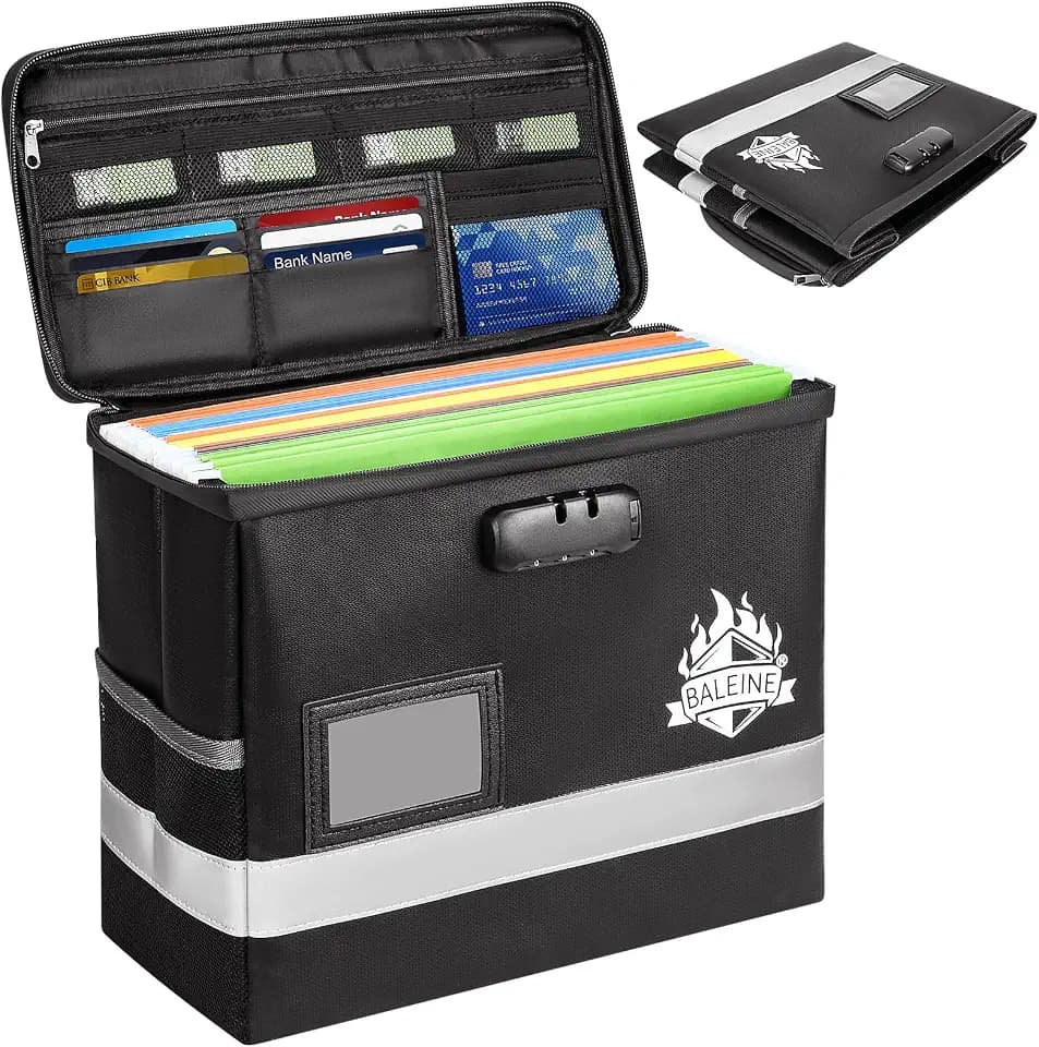 BALEINE Fireproof Document Box with Lock, Portable Fireproof Document Bag Waterproof Fire Proof File Boxes for Documents, File Organizer Box for Important Paperwork (Black, 12.5''x10.5''x6'')