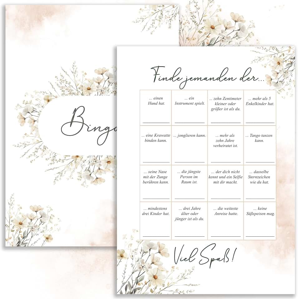 50x Bingo Karten Party Geburtstags Geburtstag Jubiläum Hochzeitsbingo Hochzeit Beige Boho Blümchen witziges Hochzeitsspiel Hochzeitsspiele für Gäste Brautpaar Spiel Hochzeitsdekoration Hochzeitsfeier