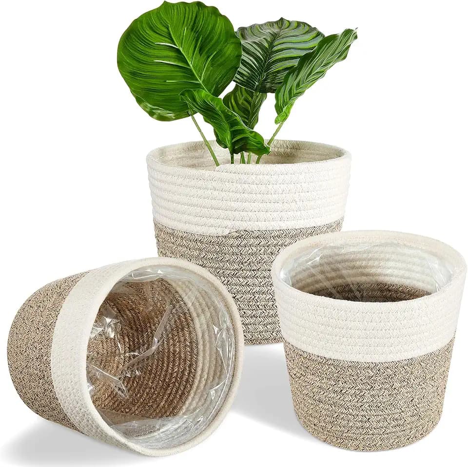 FoldTier 3 Pack Cotton Rope Plant Baskets with Plastic Liner, 7.5 x 6.5 Inch Woven Indoor Planter Basket for 6 Inch Pots, Rustic Boho Plant Pot Covers for Home Shelf Table Decor(White, Beige)