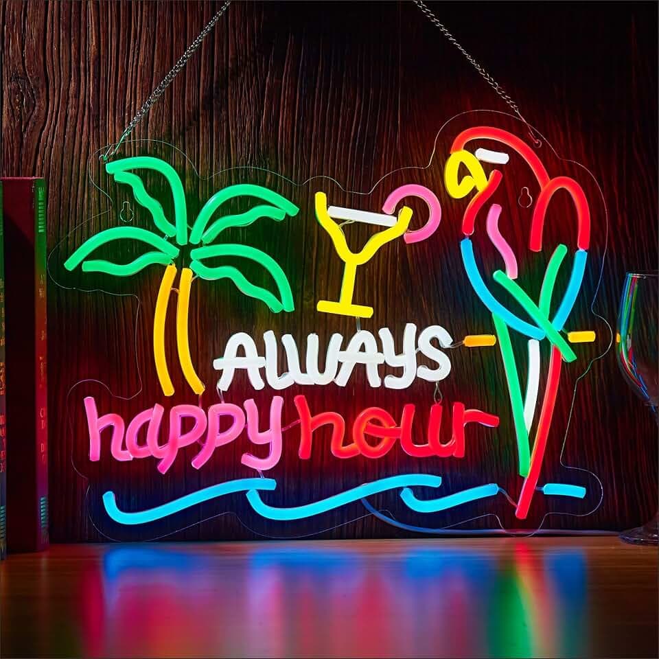 Always Happy Hour Neon Sign for Wall Decor,Parrot Bar LED Light Up Dimmable Signs Compatible with Timer for Pub Party Man Cave Room Restaurant Business Party Art Decor Gift