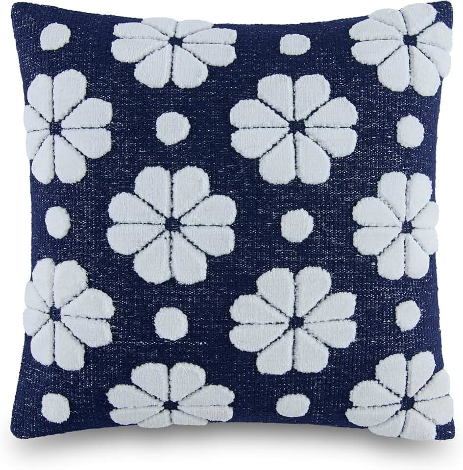 kate spade new york Spade Floral Decorative Pillow, 20" x 20" Throw Pillow for Bed or Sofa, Textured Polyester and Cotton Blend Cover, Navy