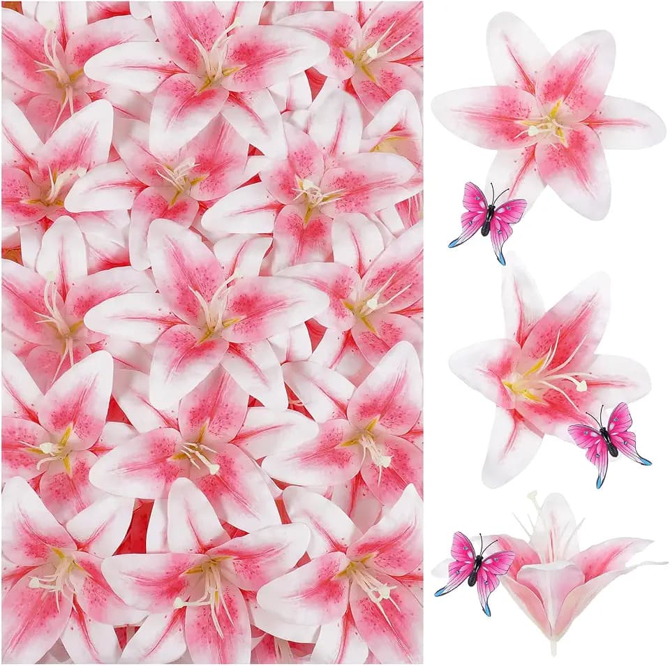 32 Pack Large Artificial Lilies Flower Heads with Realistic Stamens 5.5" Faux Fake Lily Silk Flower Heads Bulk with Butterfly for DIY Crafts Cake Wedding Bridal Wreaths Table Home Party Decoration