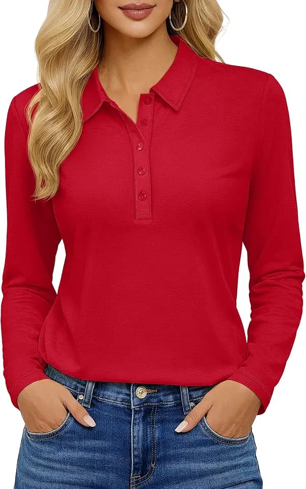 YUCOLEN Long Sleeve Polo Shirts for Women 5-Button Collared Golf Tops