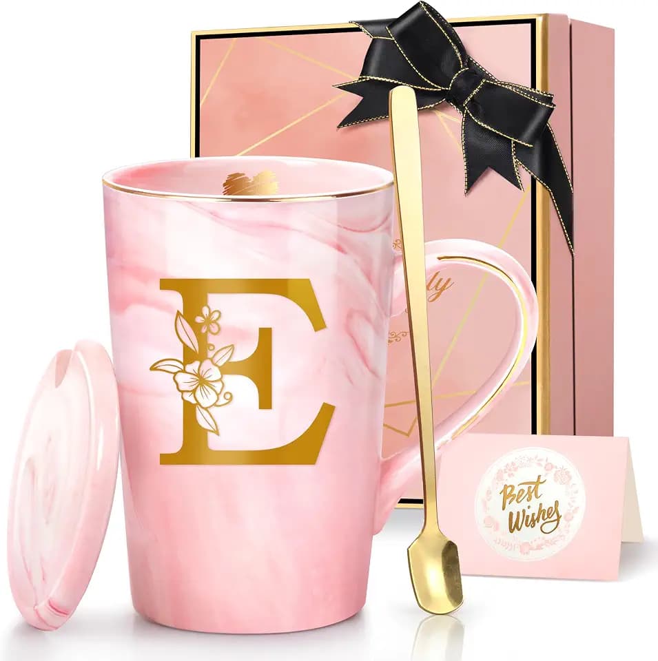 Birthday Gifts for Women, Personalized Ceramic Women Coffee Mug with Lid,14 Oz Pink Initial Mug Customized Gift, Christmas New Moms Mother's Day Birthday Gifts for Mom Friend Sister Wife Unique,E