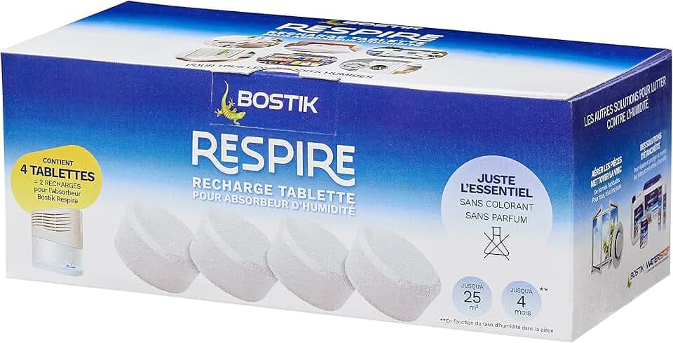 Bostik RESPIRE 4 Nachfülltabs für Luftentfeuchter, ohne Farbstoffe und Duft, für Haus, Wohnung und Wohnwagen, Räume bis 25 m², Nachfülltabs, 4 x 250 g, Feuchtigkeitsabsorber, 30623618, Weiß