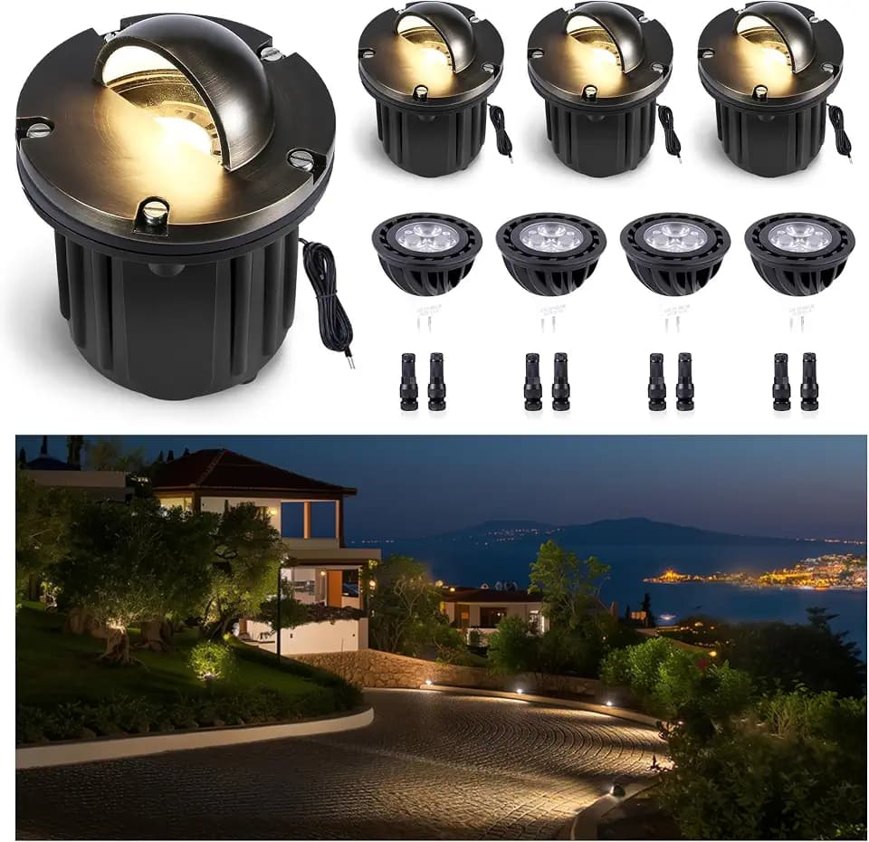 Gardenreet Outdoor Low Voltage Well Lights - Brass Low Voltage Replaceable Bulb In-Ground Lighting, 12V LED Beacon Top Fixture, Antique Bronze for Deck House Patio with 2700K Warm White MR16 Bulb