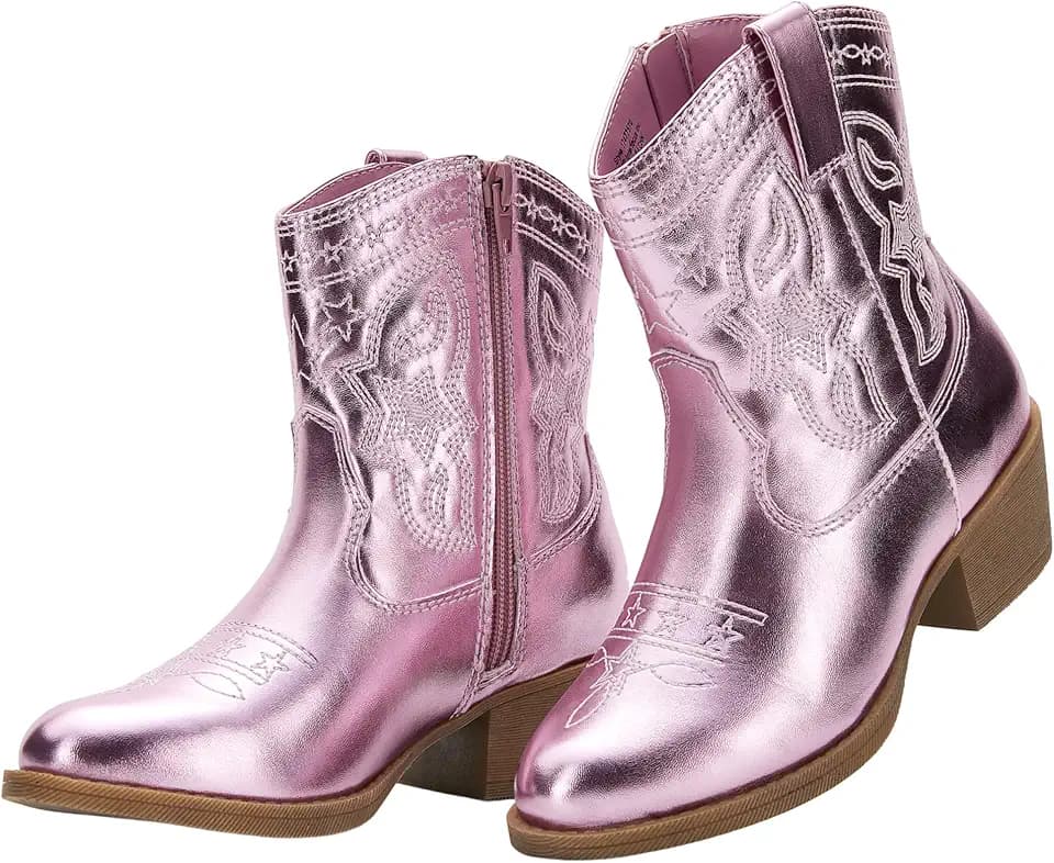 PATPAT Cowgirl Boots for Girls Mid Calf Glitter Girls Cowboy Boots with Side Zipper Western Horse Riding Party Shoes for Little Kid/Big Kid