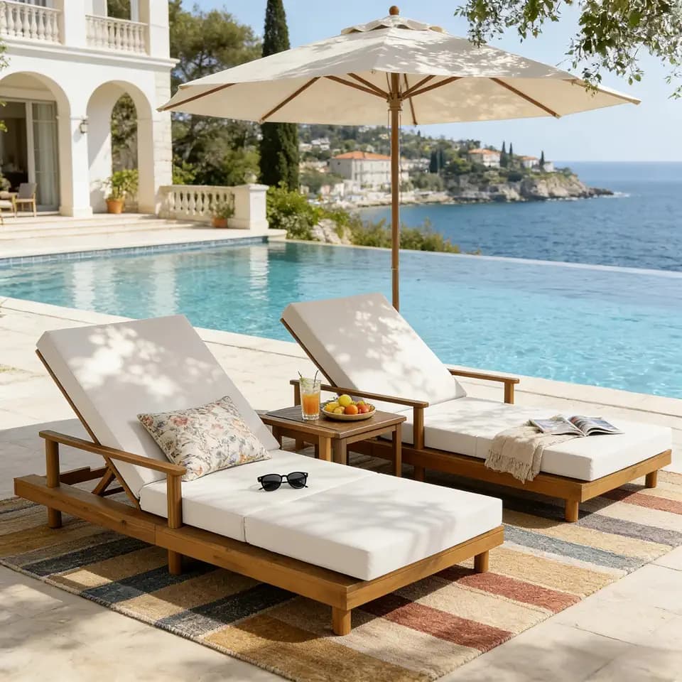 Merax Acacia Wood Outdoor Chaise Lounge Chair Set of 2, 3-Position Adjustable Backrest & 4" Thick 3-Fold Removable Cushion, 76.8" L Modern Patio Sun Lounger for Garden Pool Beach Yard, Cream+Teak